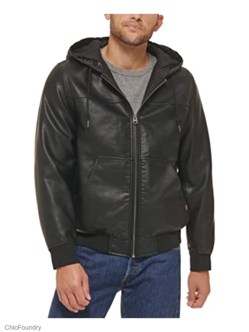 Men's Faux Leather Bomber Jacket Hooded Windbreaker